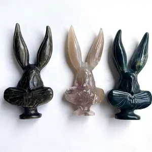 Natürliche Kristall-Kaninchen-Weissjade-Schnitzerei Han-Moos-Agat-Marmor-Jade-Kaninchenkopf als Geschenk