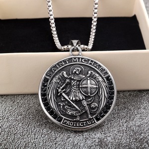 yunnique <b>St</b>. <b>Michael</b> Archangel Pendant <b>Necklace</b> Stainless Steel Men's Religious Charm With Black Stone Inlay Gift Jewelry - Product Image 3