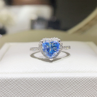 Bague pour femme en argent S925 avec moissanite bleue taillée en forme de cœur, bague de fiançailles romantique pour femme