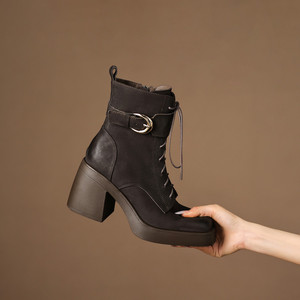 Bottines classiques françaises en cuir véritable rétro à talon carré, à lacets, avec boucle de ceinture simple, talon haut, bottines à la cheville - Product Image 3