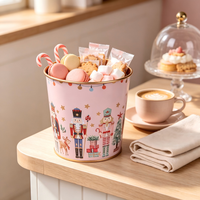 Pot Kaleng Logam Cetak Motif Nutcracker Pink, Pot Tanaman Dekoratif Natal, Pot Penyimpanan untuk Bunga & Hadiah