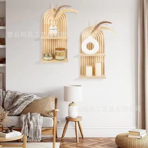 Wooden <b>Wall</b> <b>Mounted</b> <b>Shelf</b> Double Layer Arched Candle Holder Display Rack Geometric Solid Wood Flower Stand Bedroom Living Room - Product Image 3