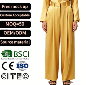<span class=keywords><strong>Pantaloni</strong></span> Palazzo da Donna in Raso Color <span class=keywords><strong>Senape</strong></span> a Vita Alta, Gamba Larga, con Cintura, Eleganti per Feste Estive e Serate, Modello Fluido a Gamba Dritta - Product Image 1