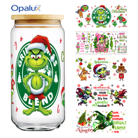 Autocollant de transfert UV DTF pour gobelet de 16 oz, série de dessins animés de Noël américains, en matériau PET, couleurs vives, style festif, facile et lisse