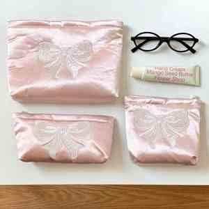 Custom Logo Pink Velvet Makeup Bag Embroidered <b>Bow</b> <b>Large</b> Capacity Zipper Cosmetic Pouch Portable Travel Organizer for Women - Product Image 3