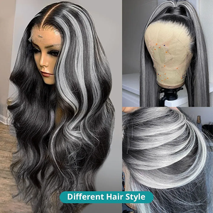 Parrucca Lunga Ondulata Nera a <span class=keywords><strong>Grigio</strong></span> Argento con Rete Frontale 13x4, 100% <span class=keywords><strong>Capelli</strong></span> Umani Vergini Brasiliani con Baby Hair per Donna - Product Image 3