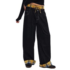 Jean à carreaux personnalisé pour homme, double ceinture, design patchwork, délavé, coupe droite ample et tendance, été - Product Image 4