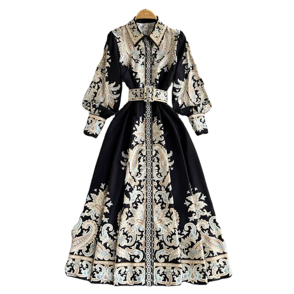 Großhandel elegantes lässiges langes Kleid Damen einfacher Stil V-Ausschnitt einreihig Großhandel Kleidung gewebt bedruckt natürlich