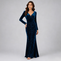 Robe de soirée sirène en velours bleu paon, taille naturelle, anti-plis, manches longues, col en V orné de strass, froncée, longueur maxi