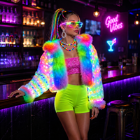 Veste à capuche courte en fausse fourrure pour femme, avec lumières LED arc-en-ciel, changeant de couleur, lumineuse, pour festivals, Halloween et soirées