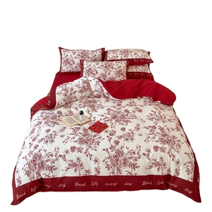 Juego de Ropa de Cama de Algodón Cepillado Rojo para Boda, 4 Piezas, Estilo Chino, Patrón Floral, Transpirable, Agradable para la Piel, Uso en las Cuatro Estaciones - Product Image 2