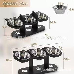 Soporte para comedero de mascotas con tres cuencos de acero inoxidable para gatos y perros, diseño de huellas de patas en blanco y negro, altura ajustable - Product Image 3