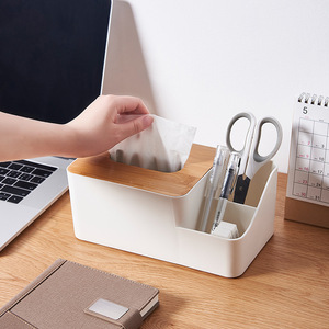 Caja de pañuelos con tapa de bambú, organizador de almacenamiento multifuncional para sala de estar, escritorio, uso doméstico - Product Image 4