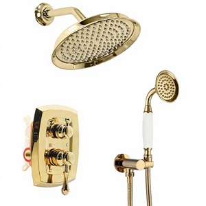 Ensemble de <span class=keywords><strong>robinetterie</strong></span> de <span class=keywords><strong>douche</strong></span> murale vintage poli avec pommeau de pluie de 9 pouces, douchette à main et inverseur 2 voies, en laiton et acier inoxydable, kit de finition de valve - Product Image 1