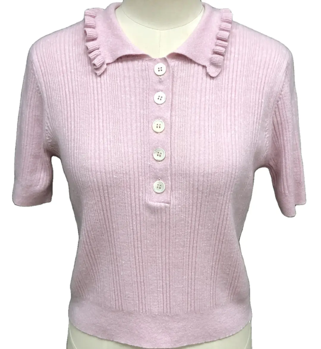 Knitwear manufacturer custom autumn winter mini rib design women ladies knit half placket polo pullover sweater OEM ODM factory