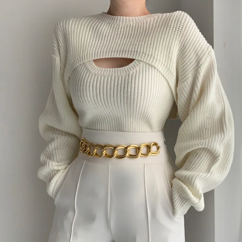 Wholesale Fall 2021 New Chic Temperament Slim Knit Sweater Vest and Casual Outer Wear Short Sweater Blouse Two-piece Sets