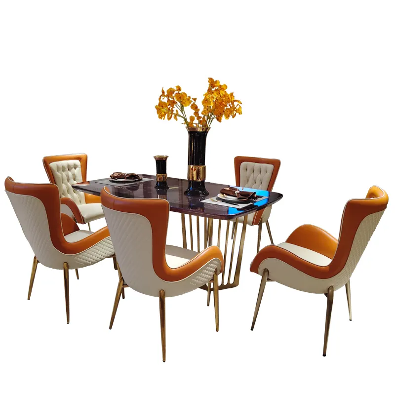 Nordic Stijl Luxe Moderne Stijl Marmeren Eettafel En Stoelen Sets Voor 6 /8 Personen Rvs Base