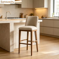 Tabouret de bar rembourré en bois de chêne massif, chaise de bar haute en tissu lin beige avec repose-pieds pour îlot de cuisine ou bar à domicile