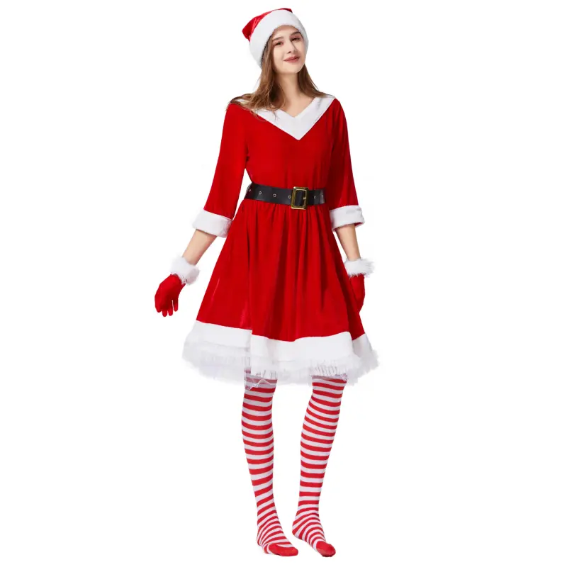 Gaun Sinterklas wanita, 5PCS gaun Natal merah setelan poliester dewasa pakaian Natal dengan aksesoris