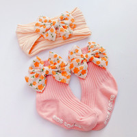 Ensemble bandeau et chaussettes jaunes pour bébé fille, chaussettes courtes en coton tricoté torsadé à motif floral et nœud, antidérapantes, ensemble cadeau, vente en gros