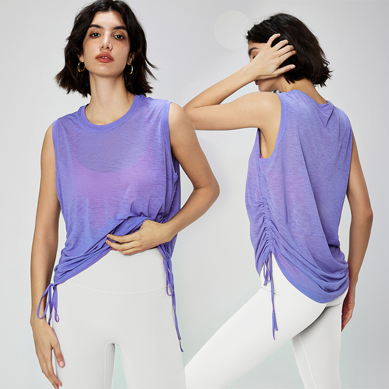 Women Loose Round Neck Sleeveless Exercise Tops Hem Drawstring Breathable Yoga Tank Top Women's T-shirts