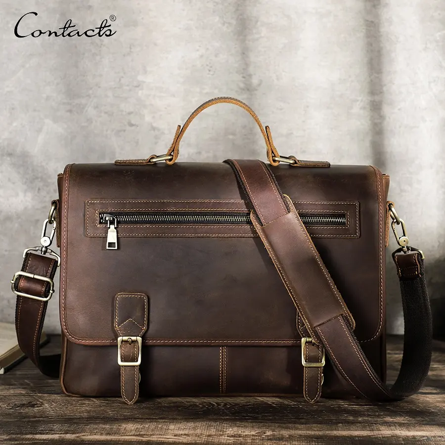 CONTACT'S Real Leather Men Office Briefcase Detachable Shoulder Strap Flap Over Messenger Bag Vintage 14 inch Laptop Bag