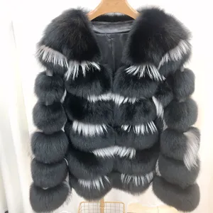 Vente en gros mode manteau d'hiver en vraie fourrure pour femmes, long style manteau en fourrure de renard avec garniture en fourrure de renard argenté