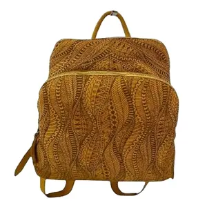 Mochila De Cuero amarillo curtido para hombre y mujer, morral hecho en Italia, de alta calidad, con patrón de seda, ropa teñida a la venta