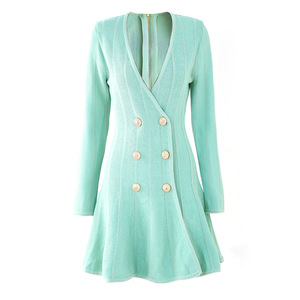 2025 primavera nuovo <span class=keywords><strong>abito</strong></span> in maglia francese mondana con scollo a V a maniche lunghe <span class=keywords><strong>doppiopetto</strong></span> Slim Fit con orlo in foglia di loto - Product Image 1