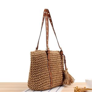 กระเป๋าสะพายไหล่ทำจากฟางสานแบบพู่ห้อยกระเป๋าถือโพลีเอสเตอร์มีซิปปิดสไตล์ฤดูใบไม้ร่วงสำหรับผู้หญิงความจุขนาดใหญ่ - Product Image 6