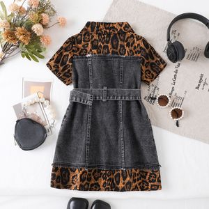 <span class=keywords><strong>Vestito</strong></span> Estivo per Bambine in Denim di Cotone con Stampa Leopardata, Stile Carino, Lunghezza al Ginocchio, Linea ad A con Volant - Product Image 4