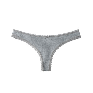 Culotte string côtelée grise en coton doux et respirant pour femme, taille basse, avec dentelle, grandes tailles, vente en gros, OEM ODM - Product Image 4