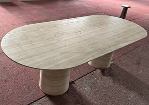 Table à manger ovale en travertin beige crème italien, sur mesure, en pierre naturelle de luxe, avec piédestal conique, pour cuisine et extérieur - Product Image 3