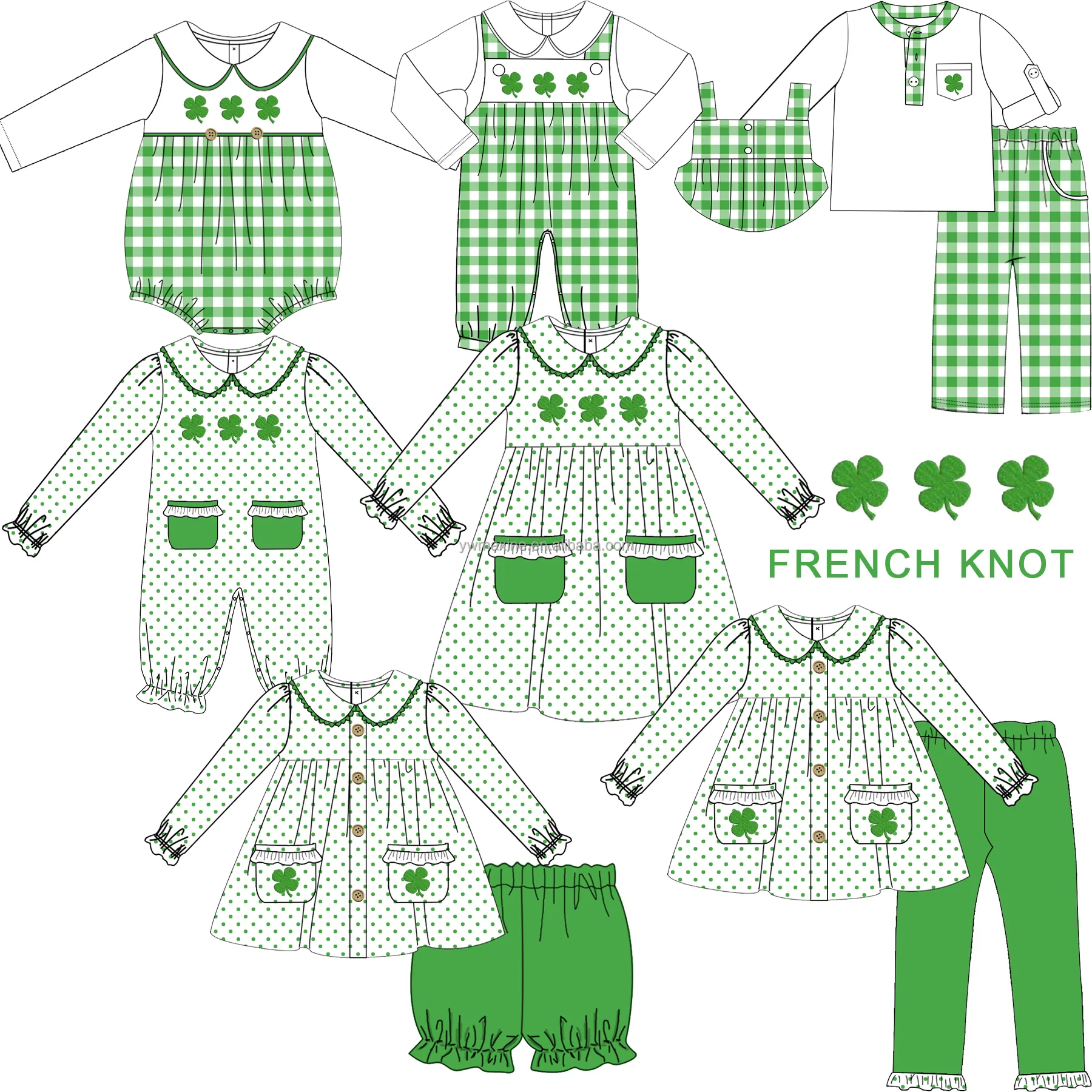 2023 boutique four-leaf clover applique St. Patrick's Day children outfits green gingham pants summer boy's clothing