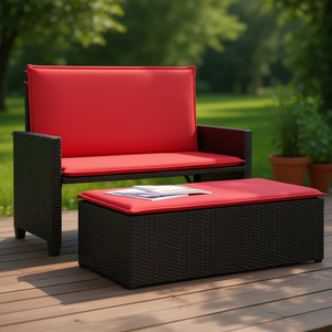 Poly Rattan Patio Bench With Cushions And <b>Footstool</b> Contemporary Outdoor Seating Furniture For 2 Person Use - Product Image 2