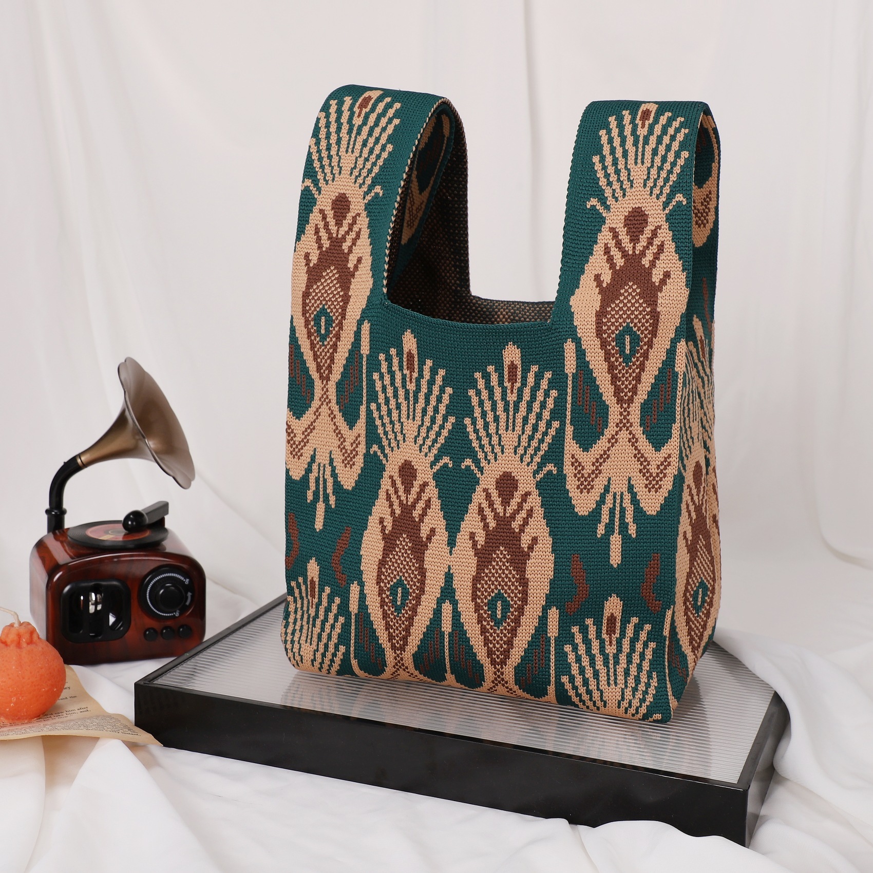 Petit sac vert foncé plume de paon