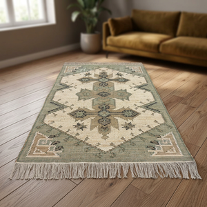 Vintage Handmade <b>Wool</b>/Jute Patchwork Area Rug Turkish Style <b>Brown</b> Bordered Rectangle for Dining Room Home - Product Image 6