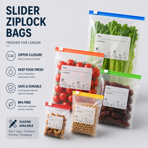 Bolsas de almacenamiento transparentes personalizadas con cierre deslizante de PE, aptas para alimentos, seguras para congelador, reutilizables, aptas para microondas, para frutas y verduras. - Product Image 1