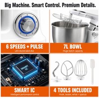 Batidora de Pedestal Shinechef de 7L y 1300W con Programación Inteligente IC, Motor 8835, Tazón de Acero Inoxidable, Protector Antisalpicaduras, Tapa Abatible, 6 Velocidades