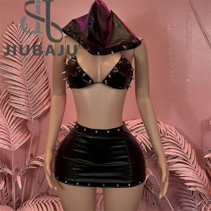 パンクリベットPUブラックフード付きクロップトップとスカートの2ピースセット女性用2025ファッションセクシーなクラブウェア - Product Image 1