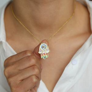 <span class=keywords><strong>Collana</strong></span> <span class=keywords><strong>Fatima</strong></span> a <span class=keywords><strong>mano</strong></span> semplice Hamsa da donna con arcobaleno CZ Multi-Charmed malocchio fortunato stile turco alla moda gioielli in zircone - Product Image 4