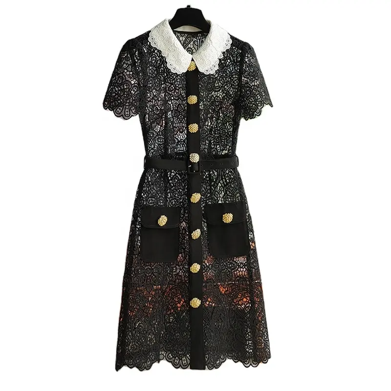 Lace Dress Summer New Temperament Embroidery Doll Collar Black Mid-length Dress Women