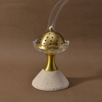Brûleur à Oud Arabe Vintage Mabkhara Poli à la Main avec Base en Laiton et Travertin, Artisanat Minimaliste Wabi Sabi pour Décoration d'Intérieur