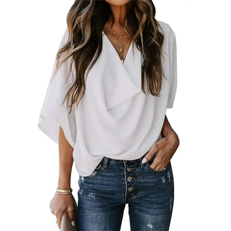 Spring Summer Chiffon Half Sleeve Draped Tops Stylish Loose Blouse Women