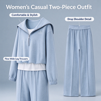 Ensemble de survêtement bleu décontracté printemps 2026 : Nouveau pantalon de jogging taille haute ample et pull deux pièces