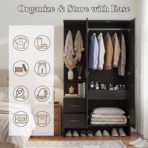 Armoire moderne SENYU avec portes shaker et poignées en laiton, 2 tiroirs, meuble de rangement pour chambre à coucher - Product Image 4