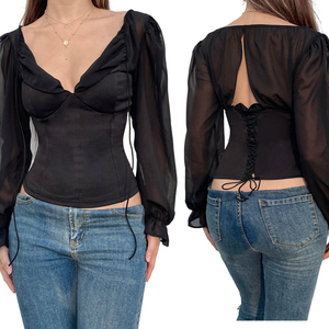 Wholesale Women's 100% Polyester Woven Chiffon <b>Shirt</b>-Sexy Ruched <b>Patchwork</b> Deep V-Neck Balloon Sleeve Loose Short Blouse Front - Product Image 1