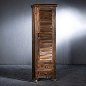 Armoire haute en bois massif avec portes à persiennes et tiroirs, meuble de rangement rustique pour chambre à coucher - Product Image 1