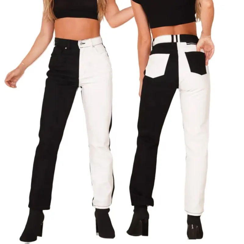 Wholesale Women's black and white Denim jeans Straight Pants High Waist Distressed Straight Leg Stretchy Jeans Pants For Women