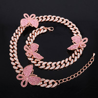 Collar de Cadena Cubana de Aleación de Zinc con Mariposa en Oro Rosa y Alas de Cristal Rosa, Estilo Iced Out, para Hombres y Mujeres, Joyería Hip Hop de Moda